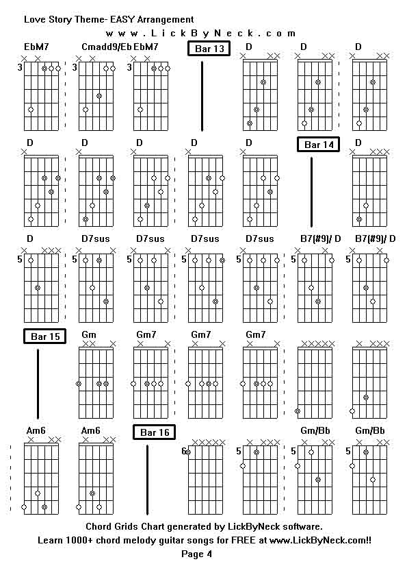 Chord Grids Chart of chord melody fingerstyle guitar song-Love Story Theme- EASY Arrangement,generated by LickByNeck software.